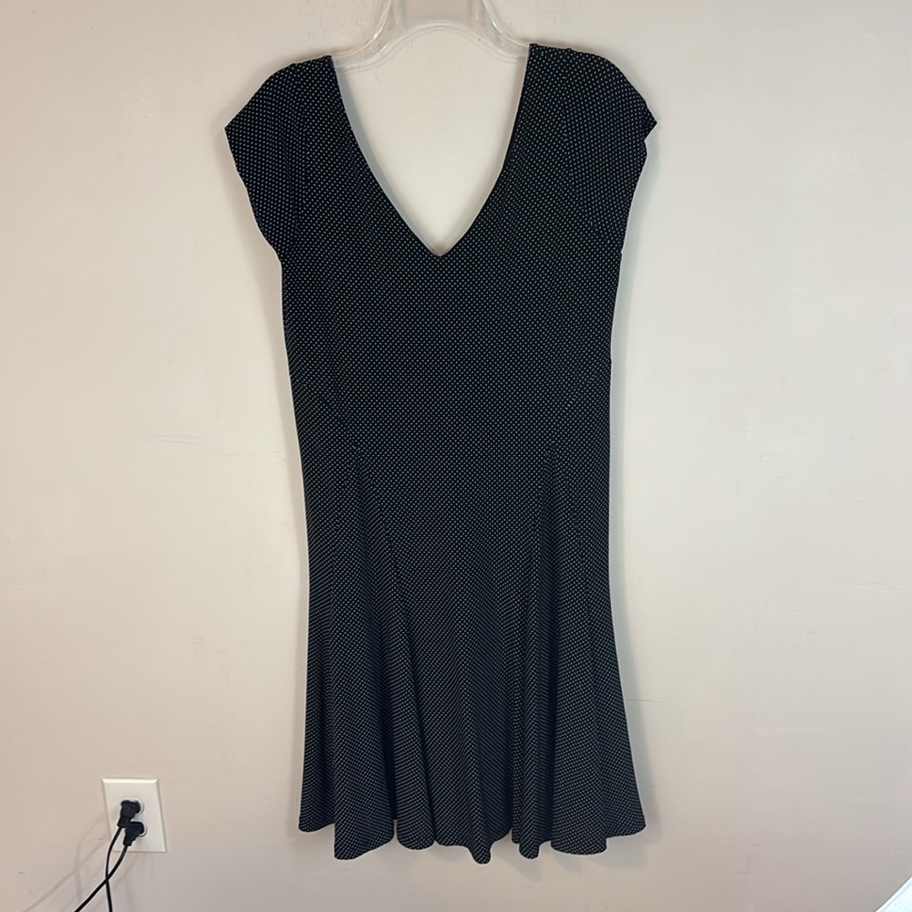 LRL Mini Polkadot Black Stretch V-Neck Cocktail Dress Size Medium